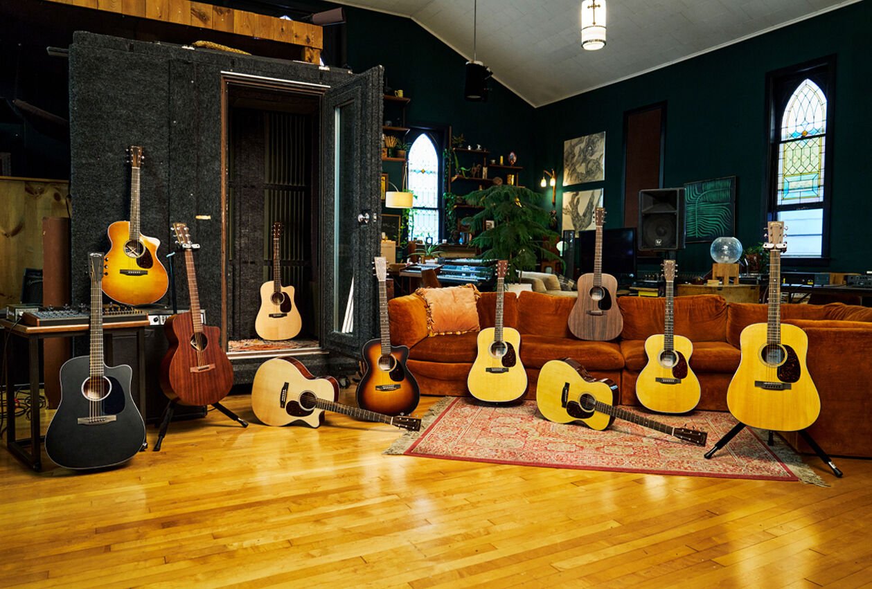 The all-new Road Series guitars arranged in a living room 