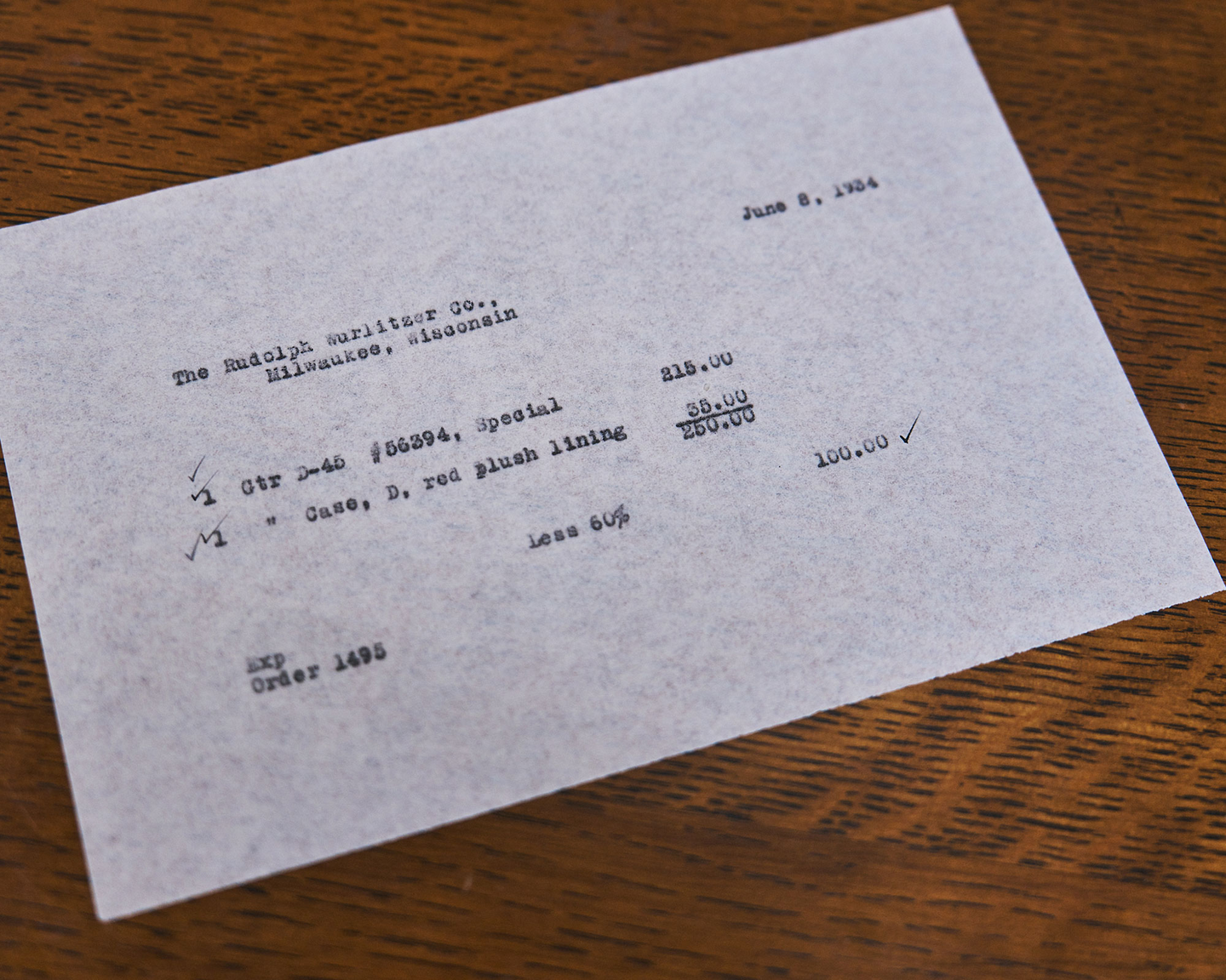 Invoice for the second D-45 ever made—built for Jackie “Kid” Moore. This 12-fret model featured a solid headstock and his name inlaid in the fingerboard.