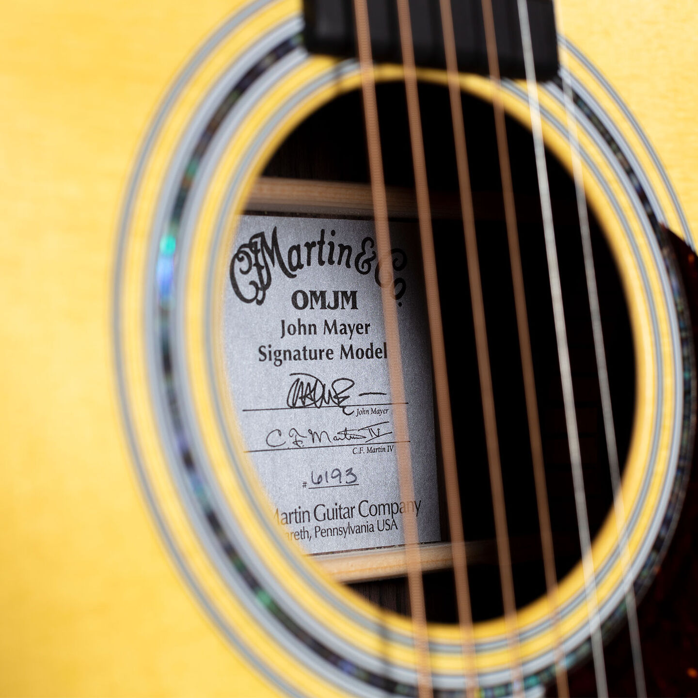 Closeup of soundhole on John Mayer guitar