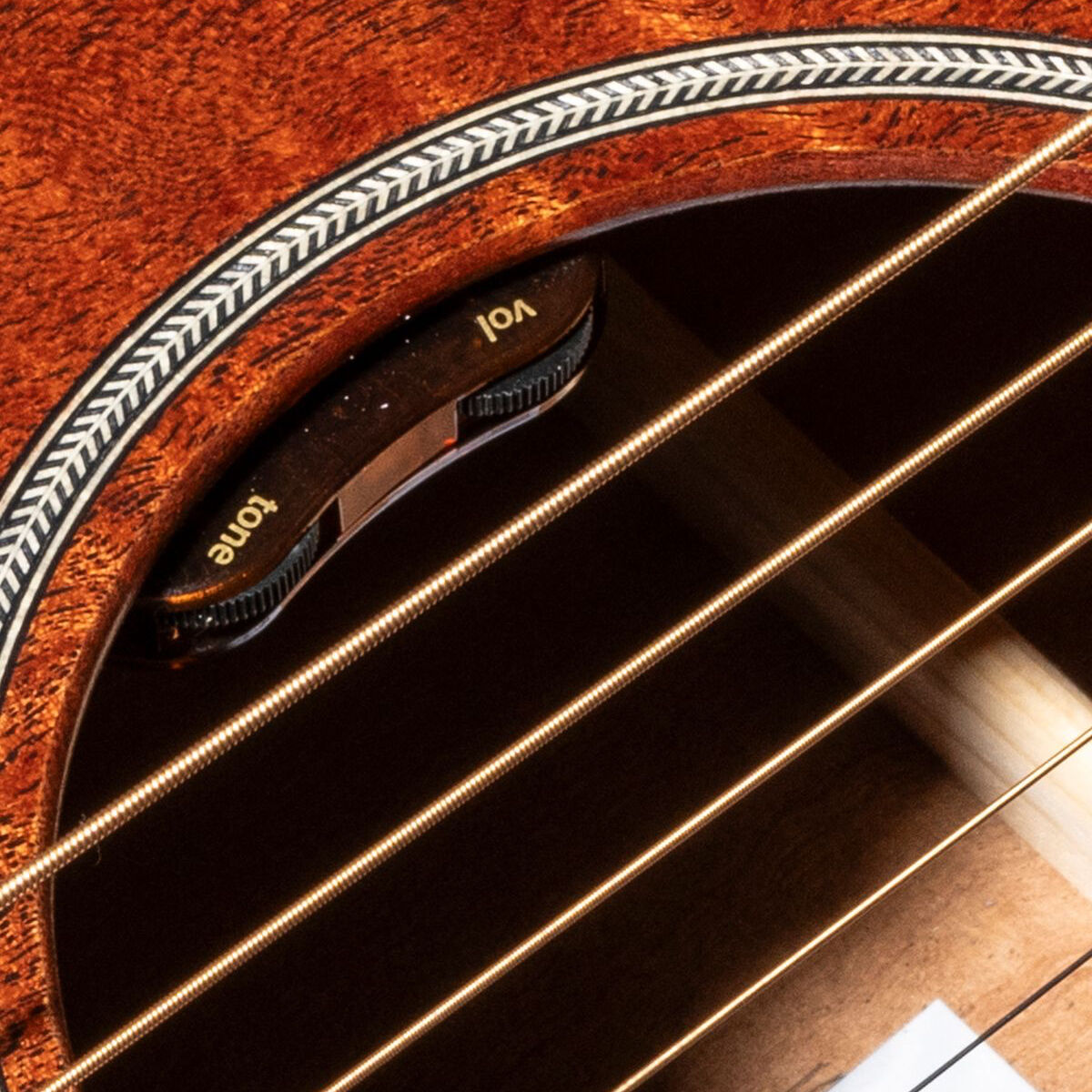 closeup of an acoustic guitar soundhole, showing the pickup control inside