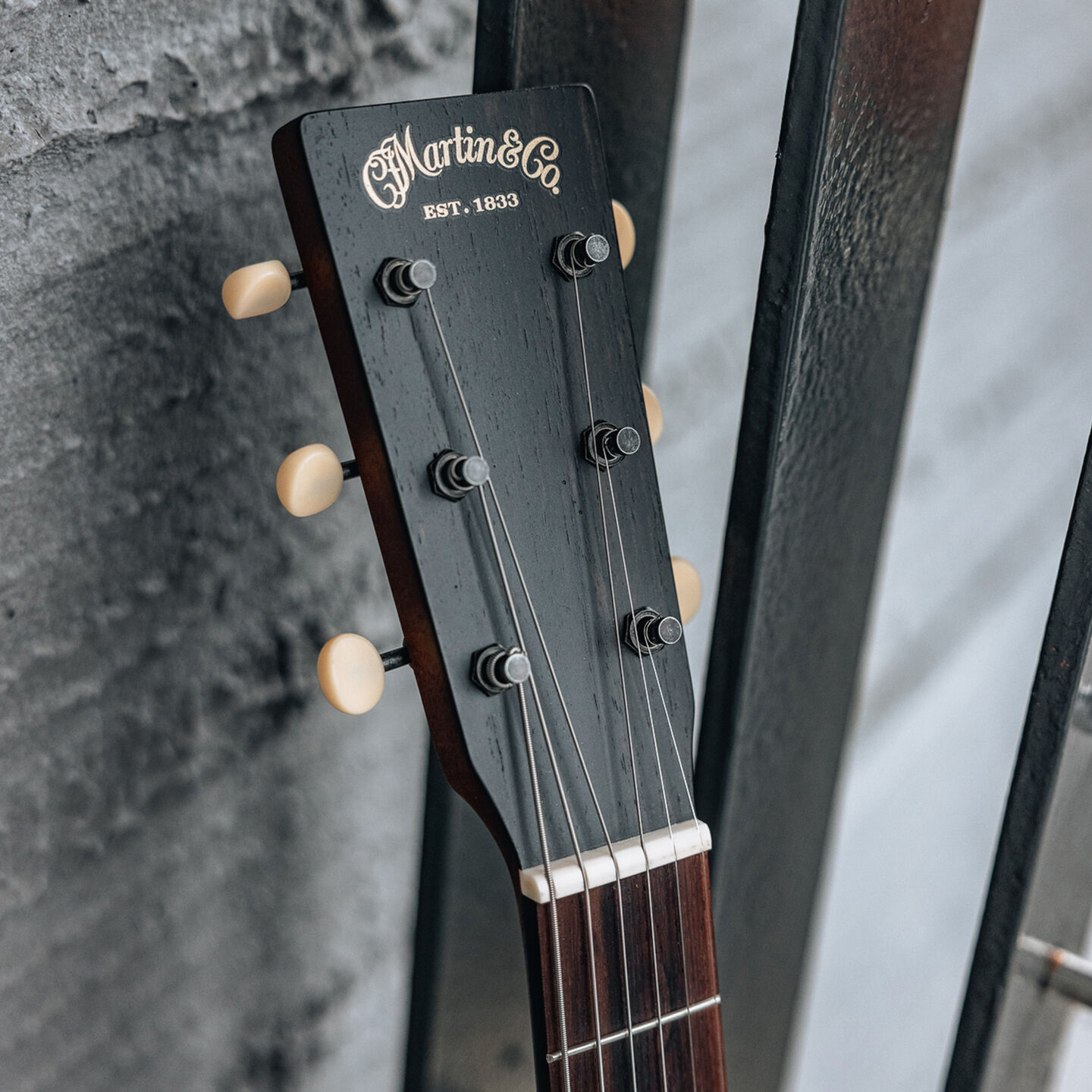 Close up of an acoustic guitar. The headstock is black with ivory white tuners, and the Martin & Co logo is in gold.