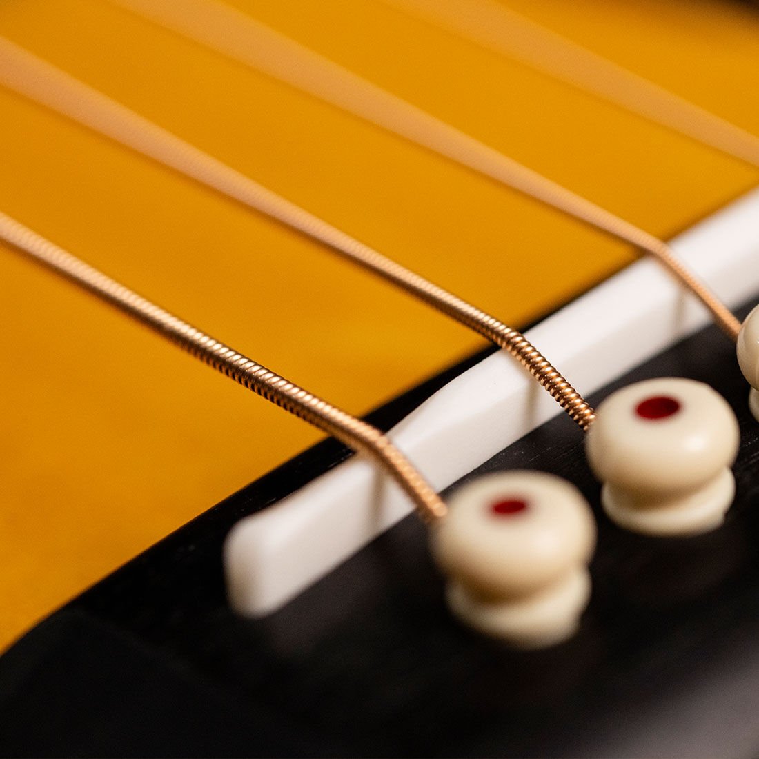 Closeup picture of strings on an acoustic guitar