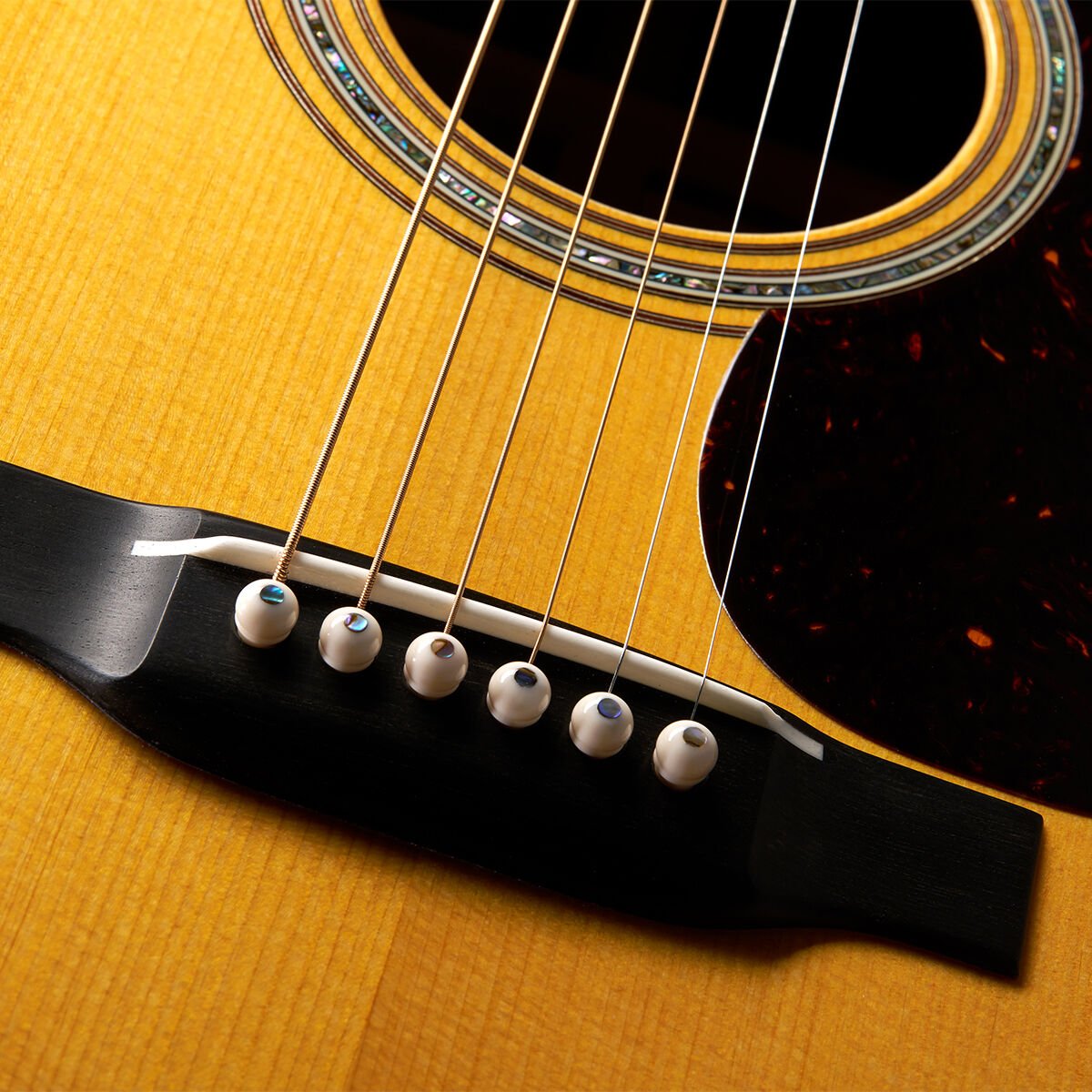 Closeup of guitar bridge and strings