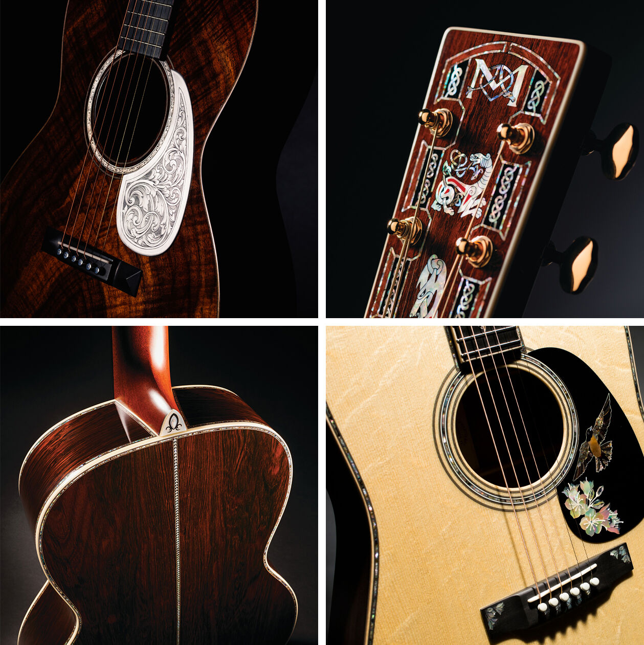 a quadrant photo showing a custom Martin acoustic guitar