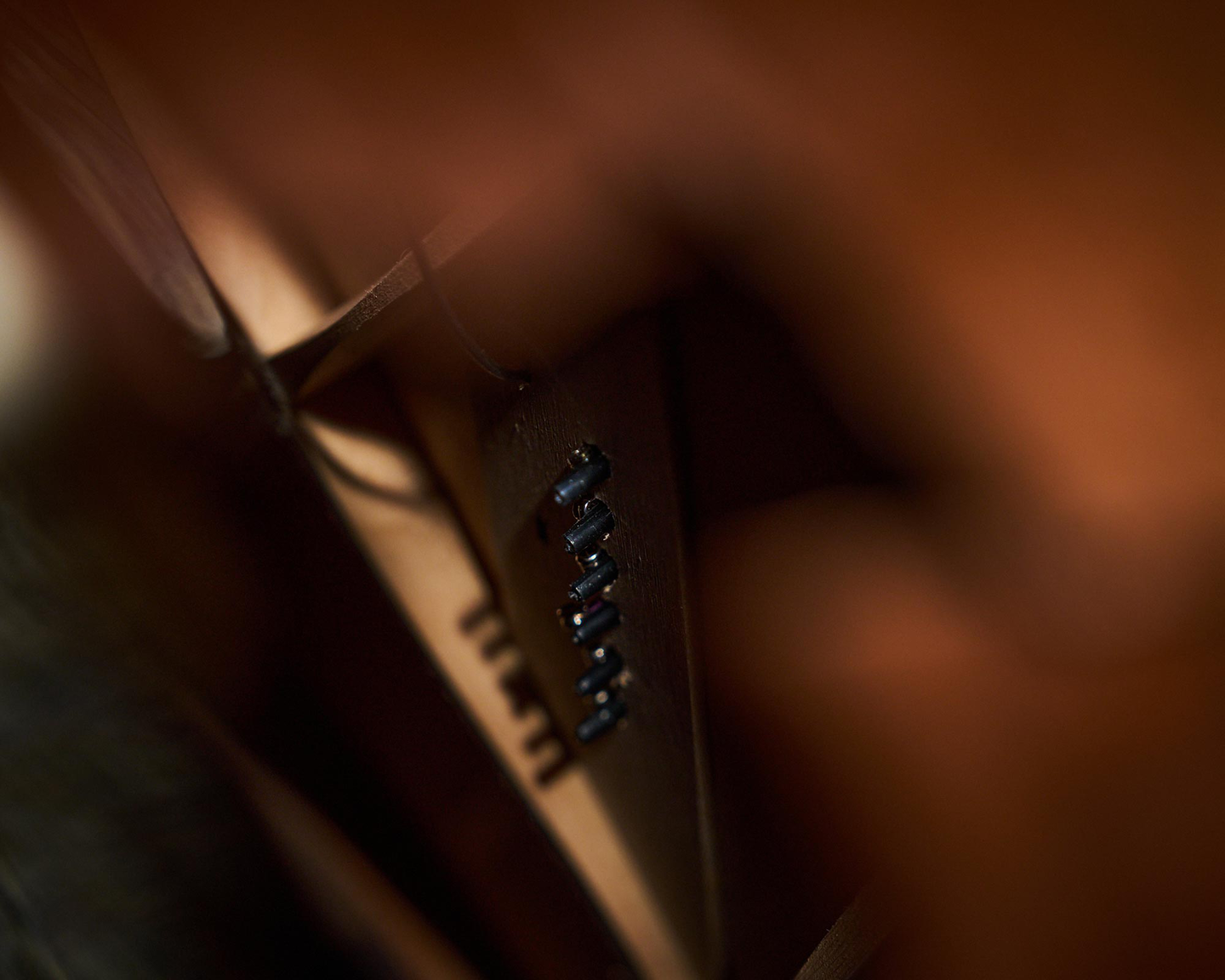 A photo taken inside the acoustic guitar looking up at the bridge pins A photo taken inside the acoustic guitar looking up at the bridge pins
