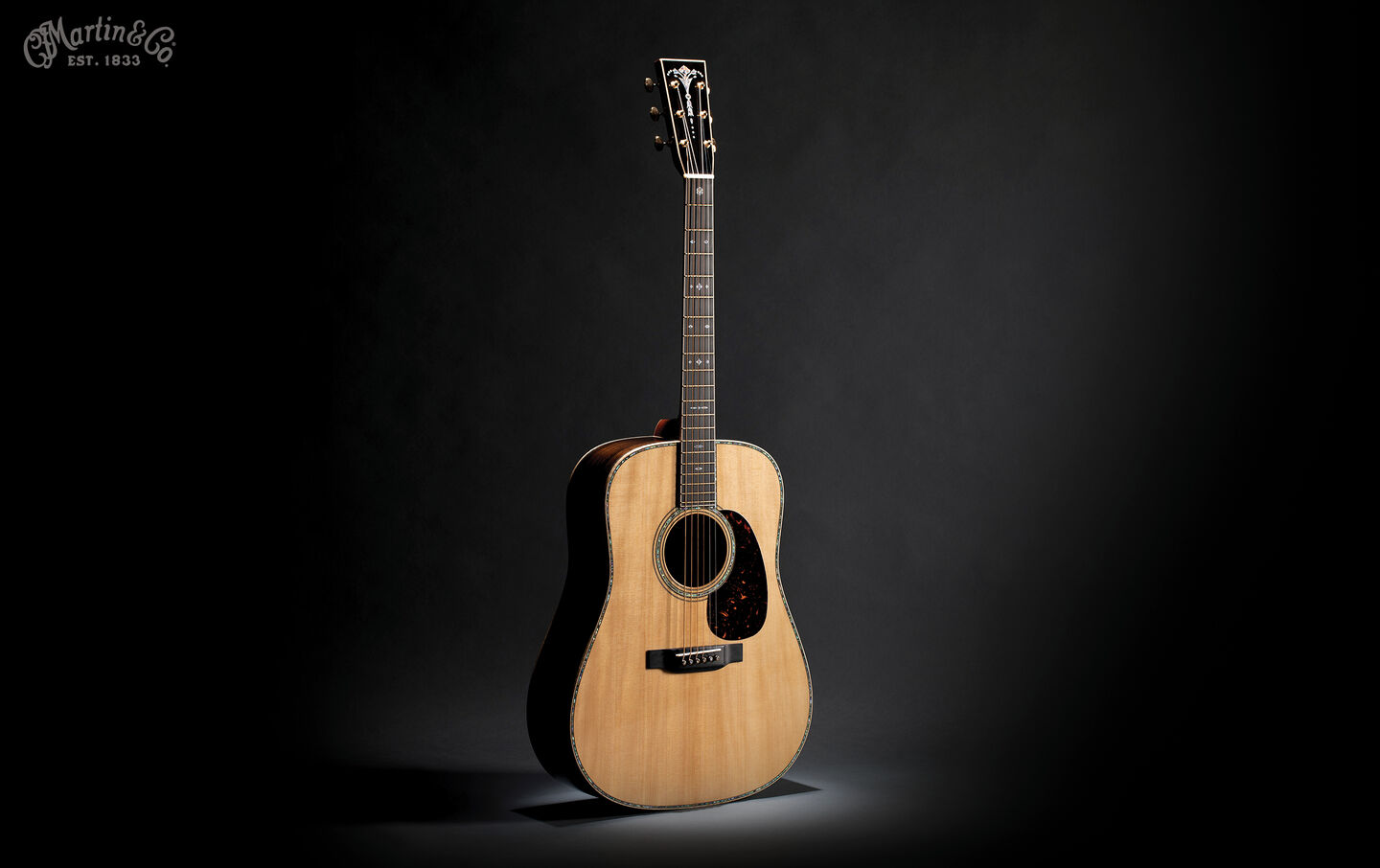 A dramatically lit acoustic guitar against a black background