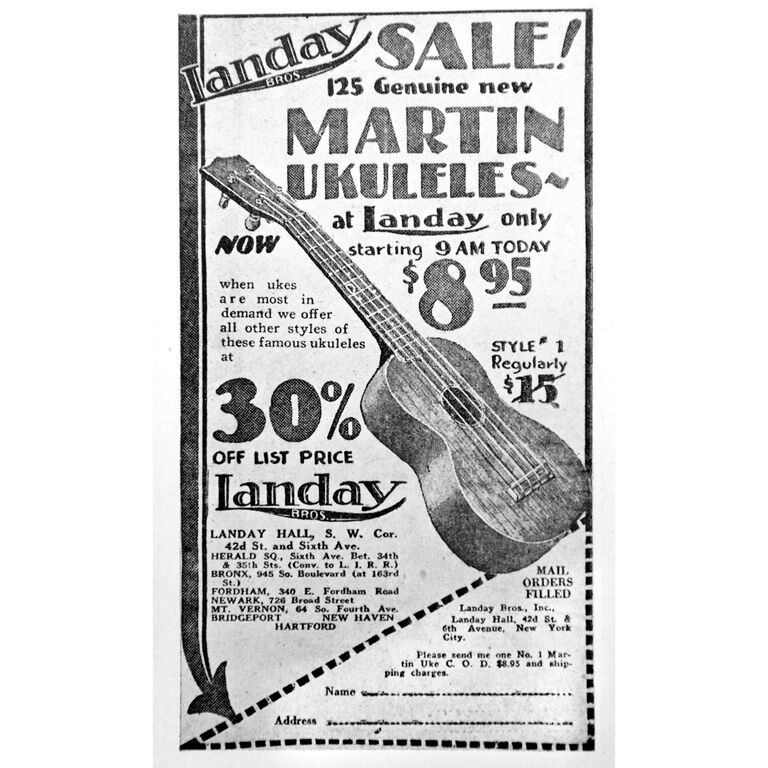 Black and white ukulele advertisement