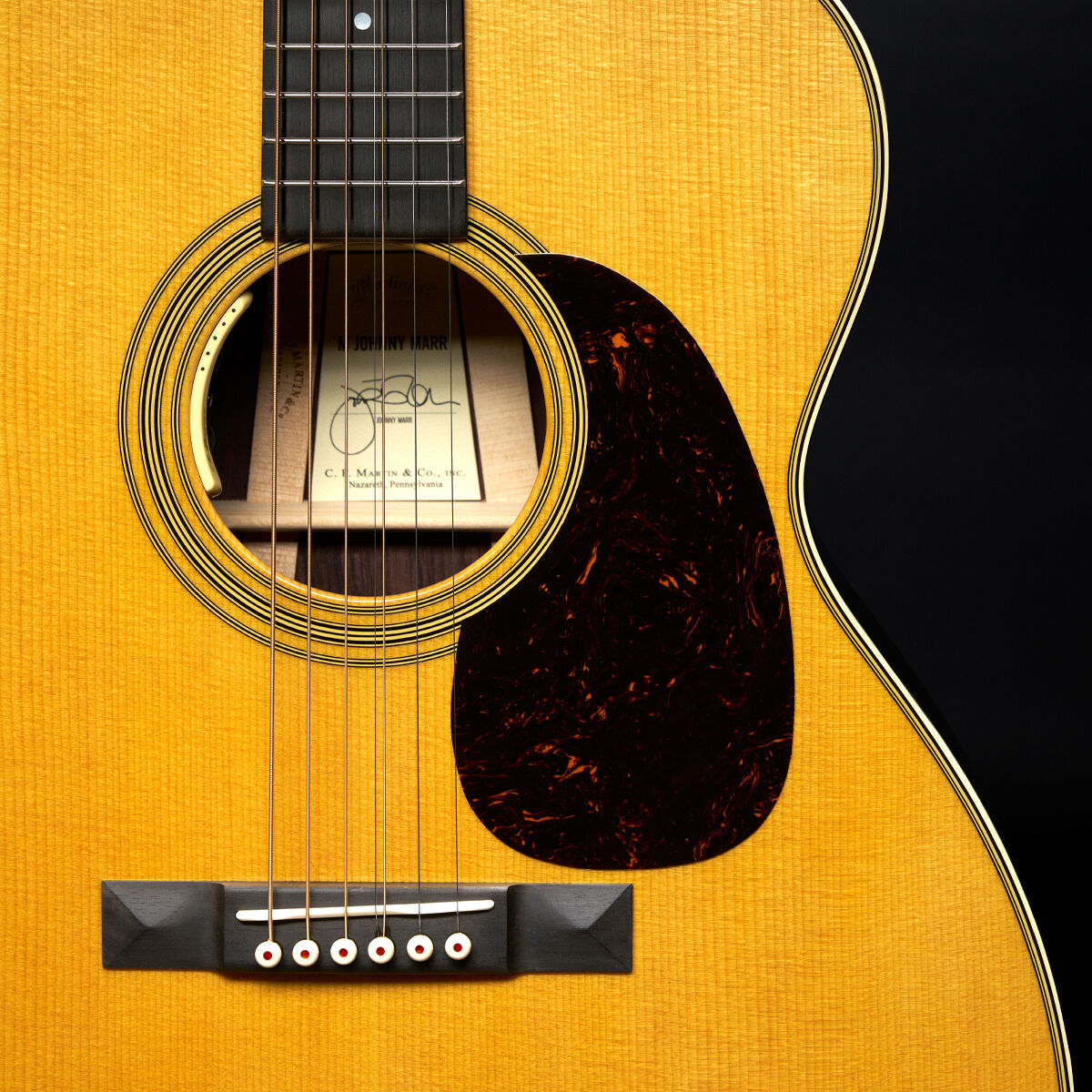 Closeup of guitar soundhole and pickguard