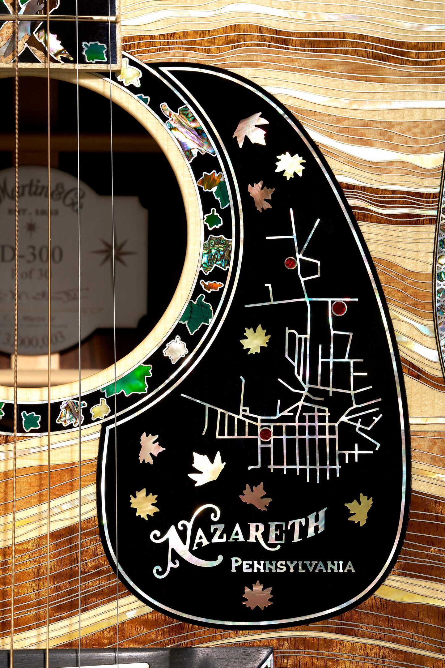 The D-300 pickguard showing the street layout of Nazareth, PA