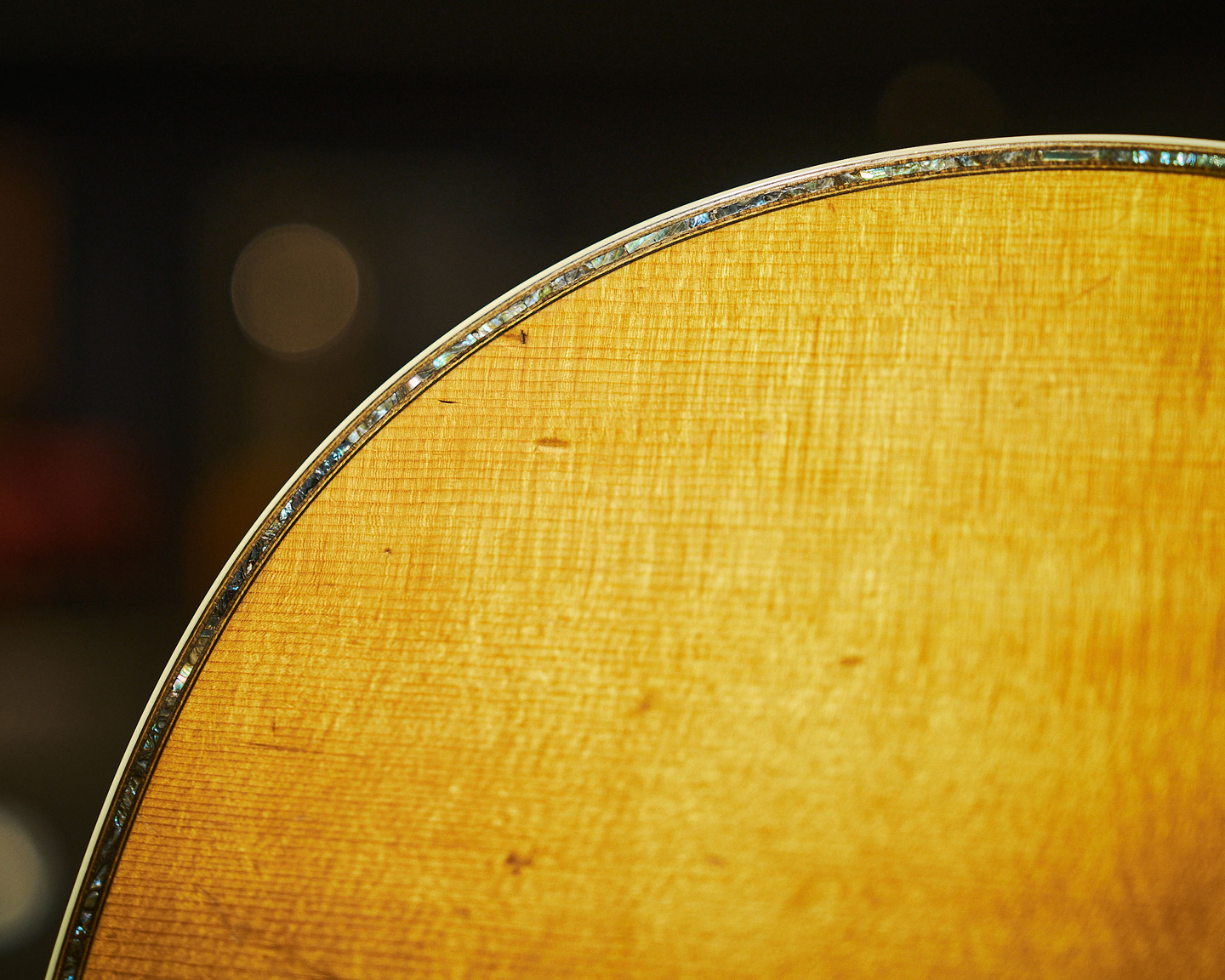 Detail of the wood and pearl binding on a pre-war D-45 