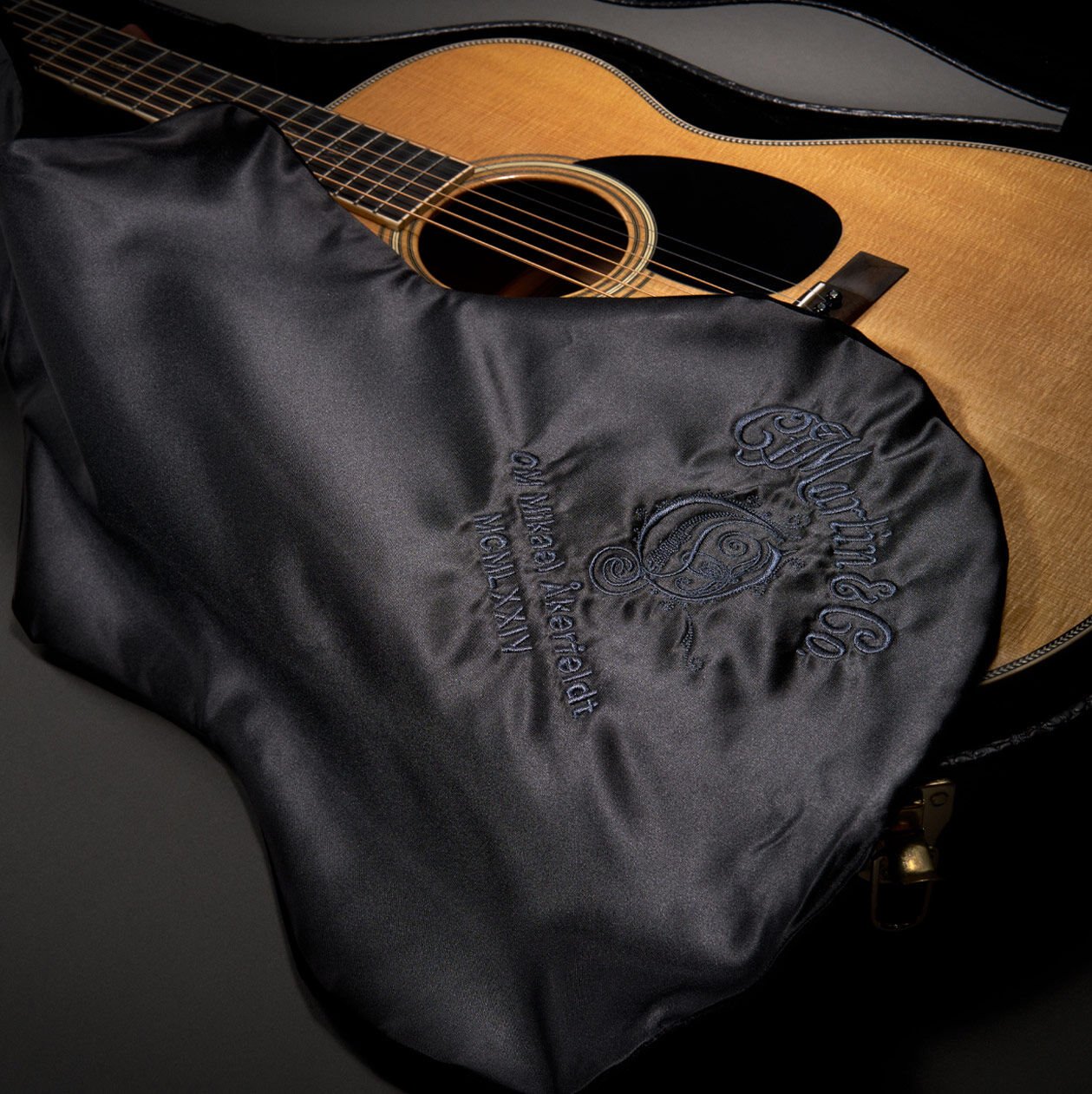 The OM Mikael Akerfeldt acoustic guitar on black background