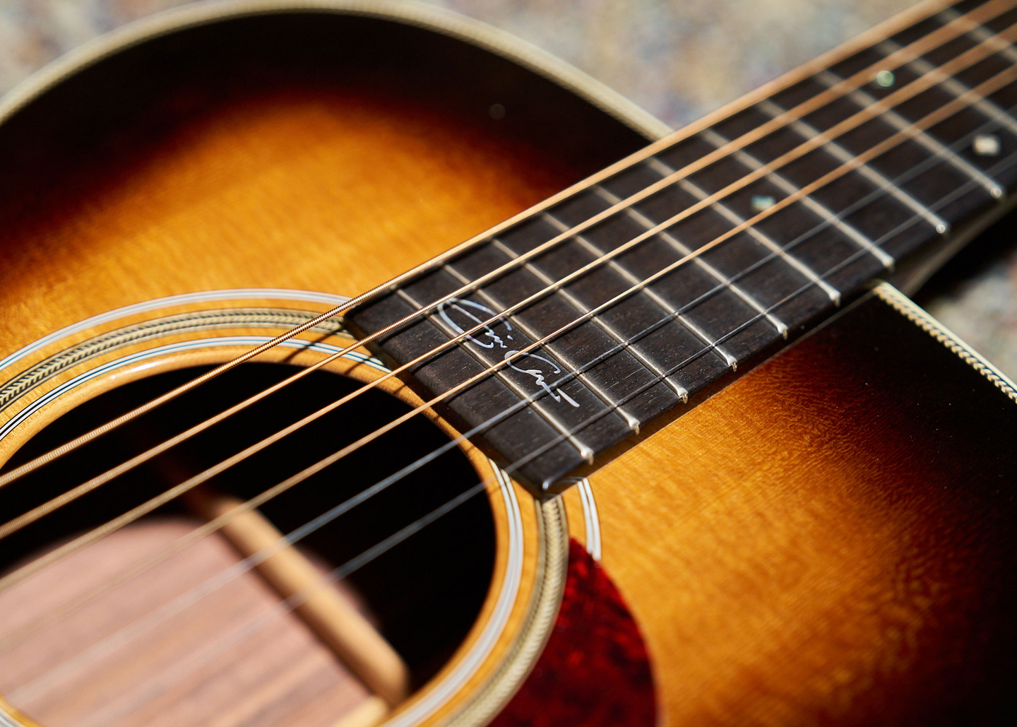 Closeup of a fretboard