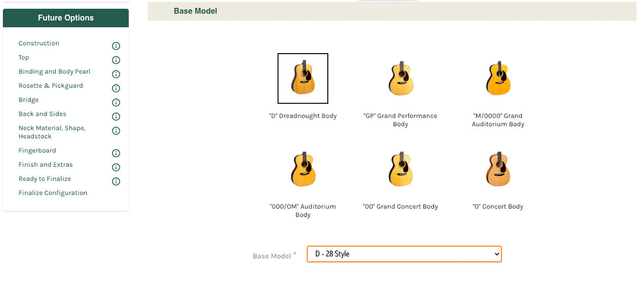 A screenshot of the Martin custom guitar configurator
