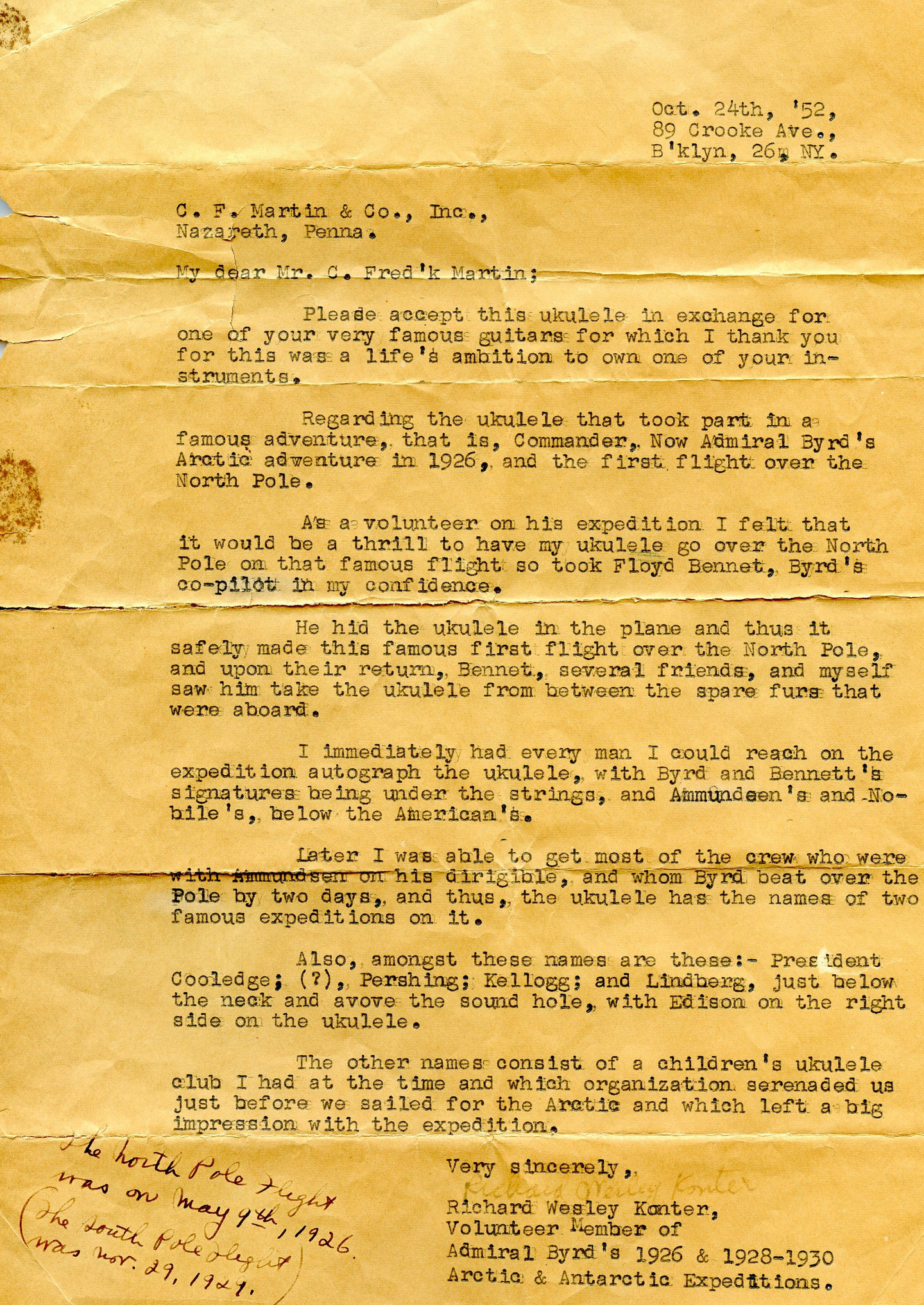 Konter's letter to Martin Guitar