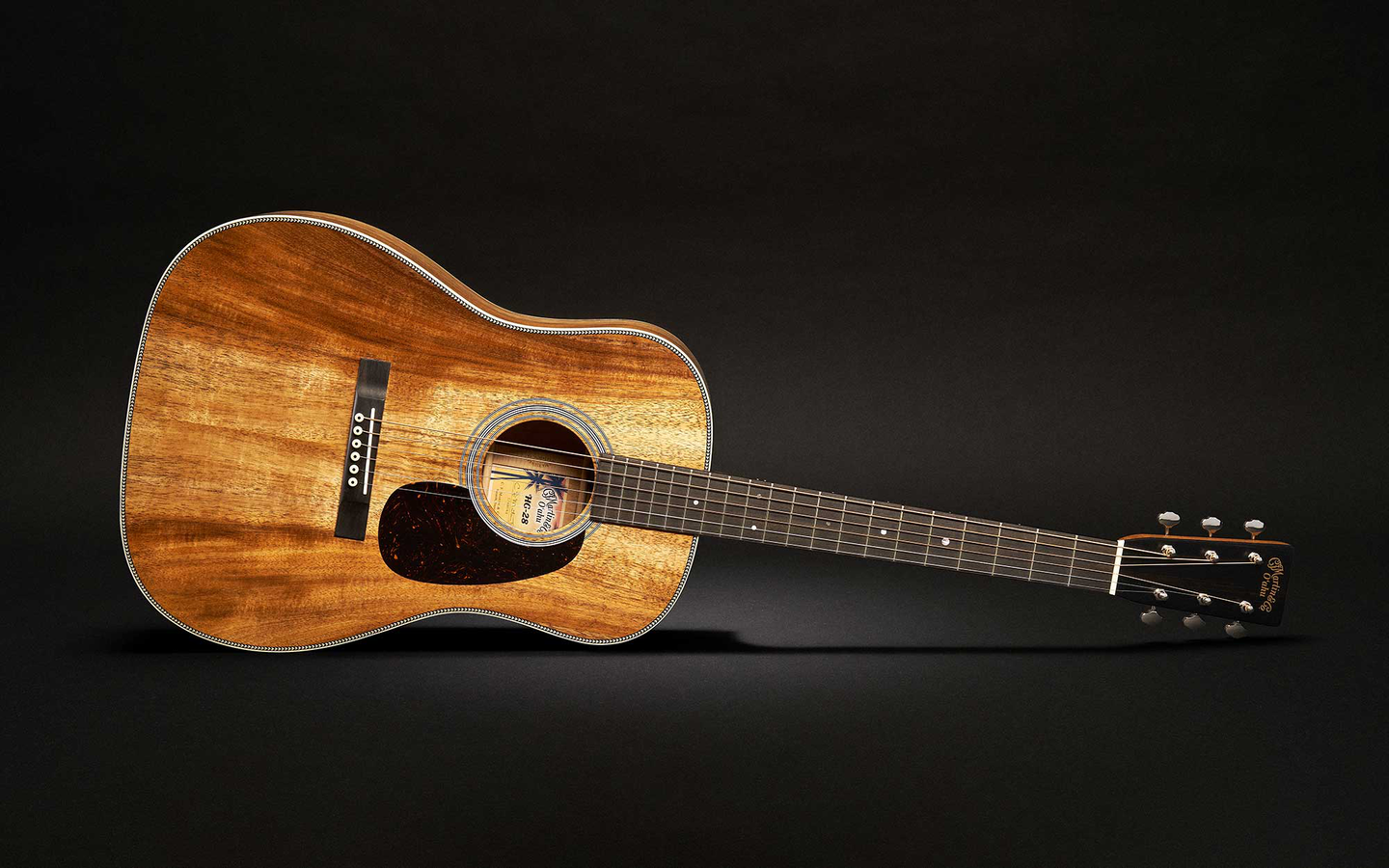 A Martin guitar against a black background