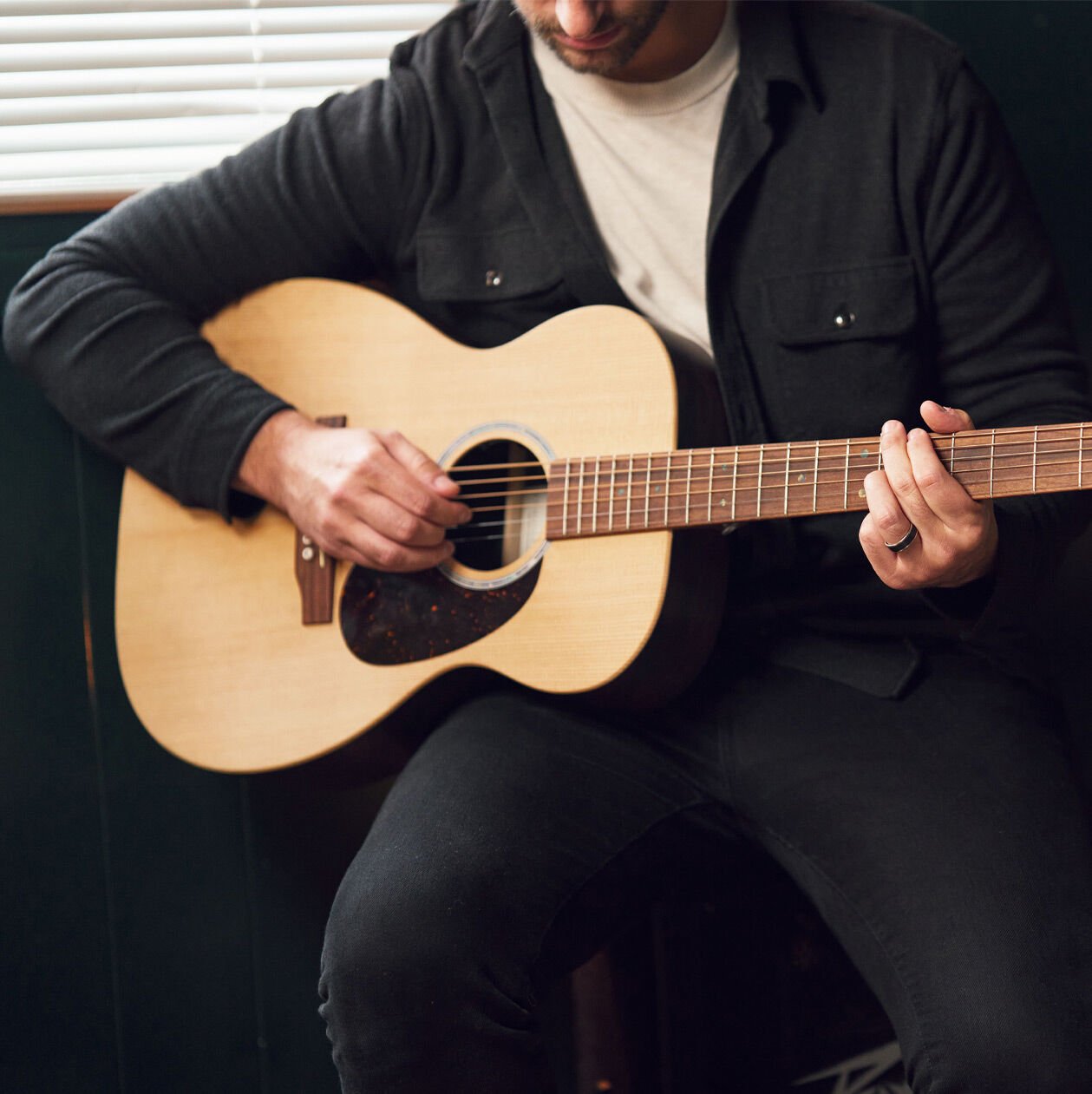 Person playing an acoustic guitar