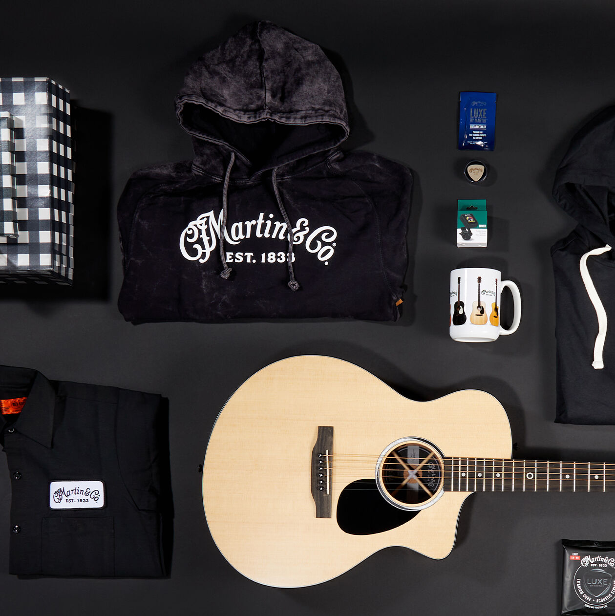 Flat lay of lead Martin Guitar gifts