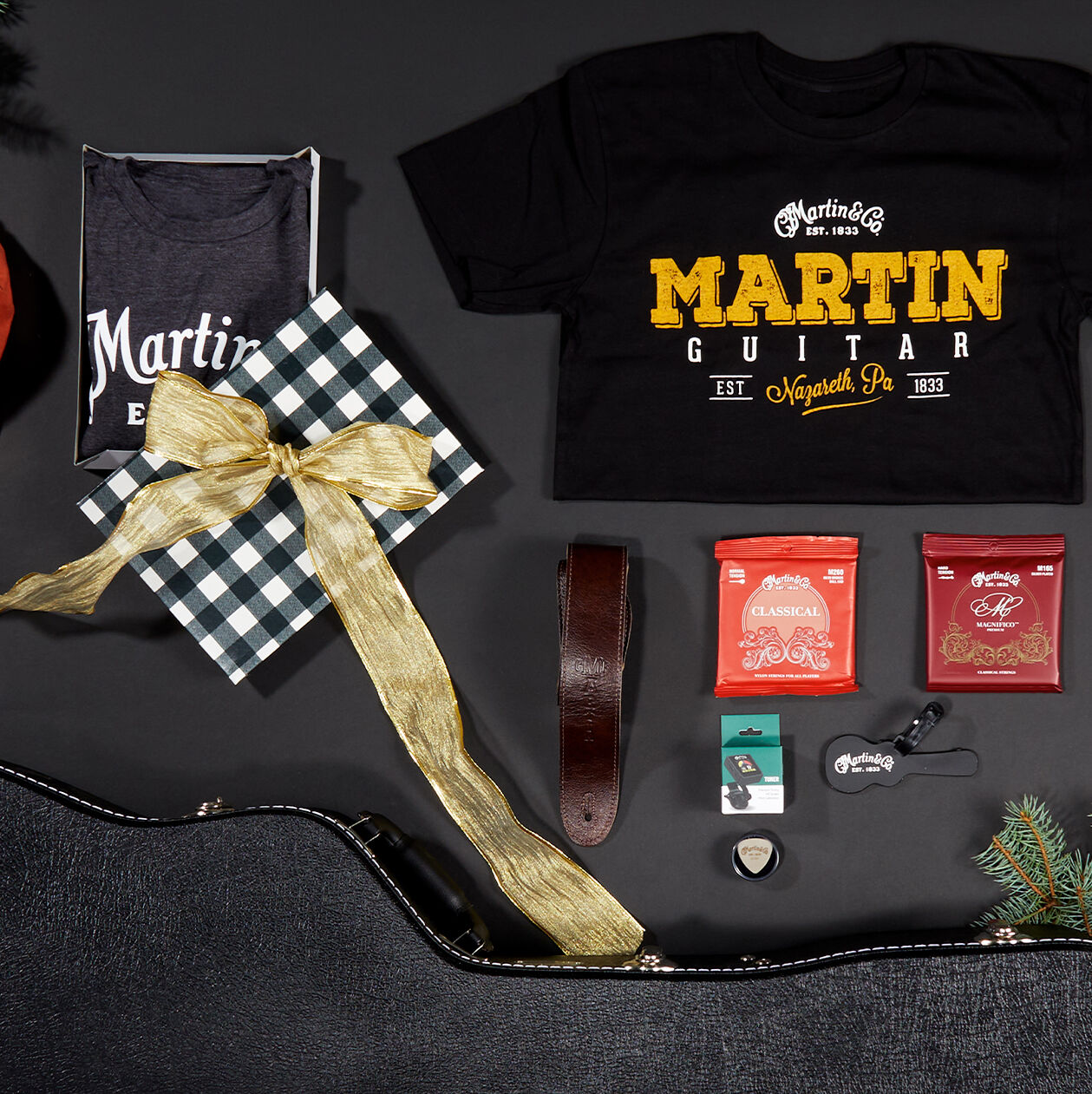 Flat lay of classical Martin Guitar gifts