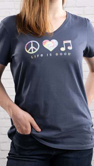 Life is Good Women's Tee: Peace Love and Music