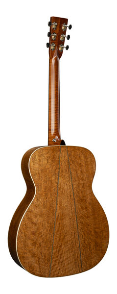 Martin CEO-11 back three-quarter showing figured white oak multi-piece back and flamed maple neck