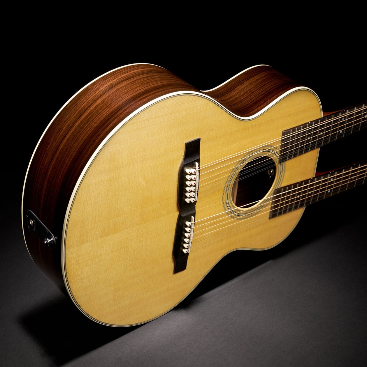 Downward angle of the double neck acoustic guitar, Grand J-28E DN