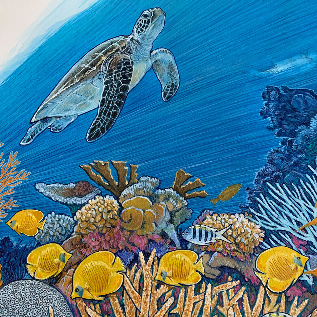 Guitar painted with a blue underwater scene. A sea turtle swims above coral reef and yellow fish.