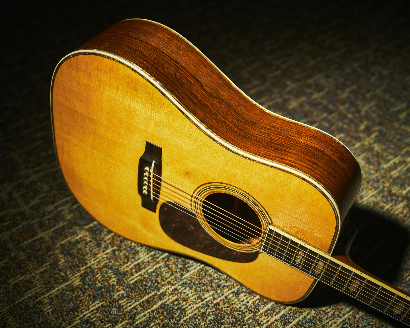 The front and top of a pre-war D-45 acoustic guitar