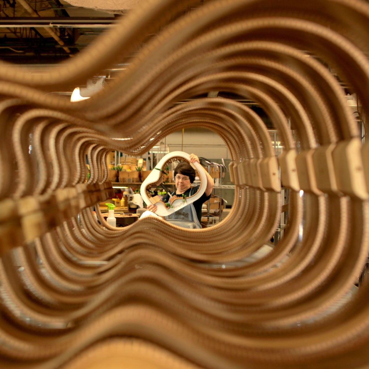 A "tunnel" of guitar bodies with no tops or bottoms