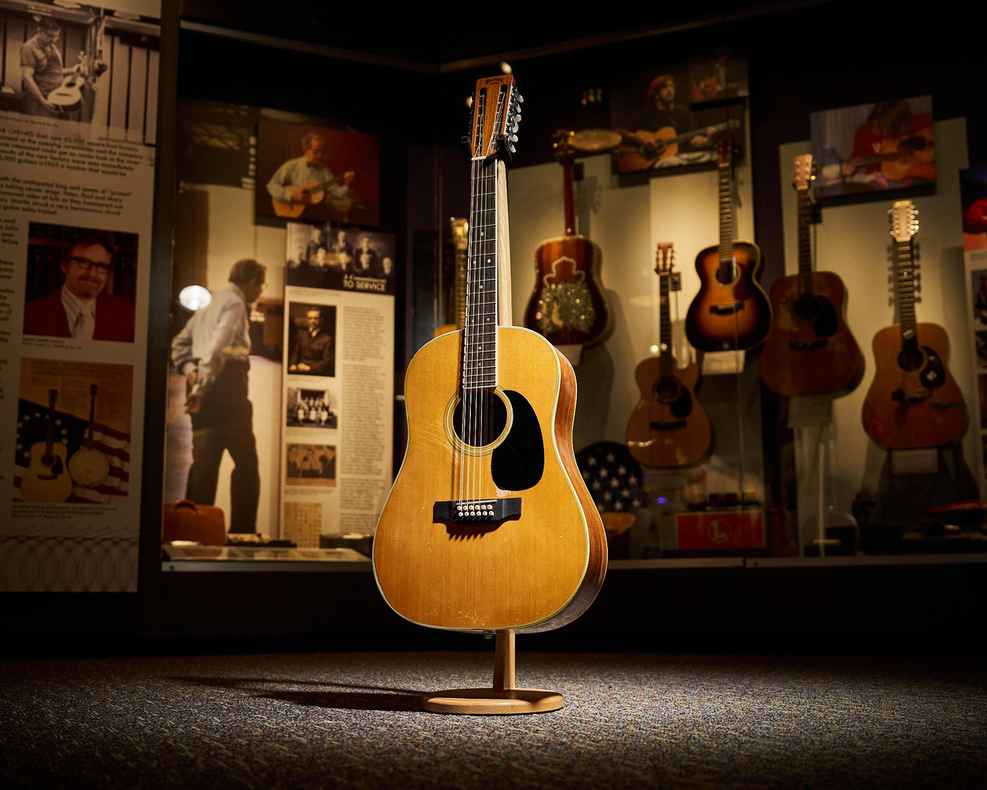 Judy Collins' D12-35 on a stand in the Martin museum
